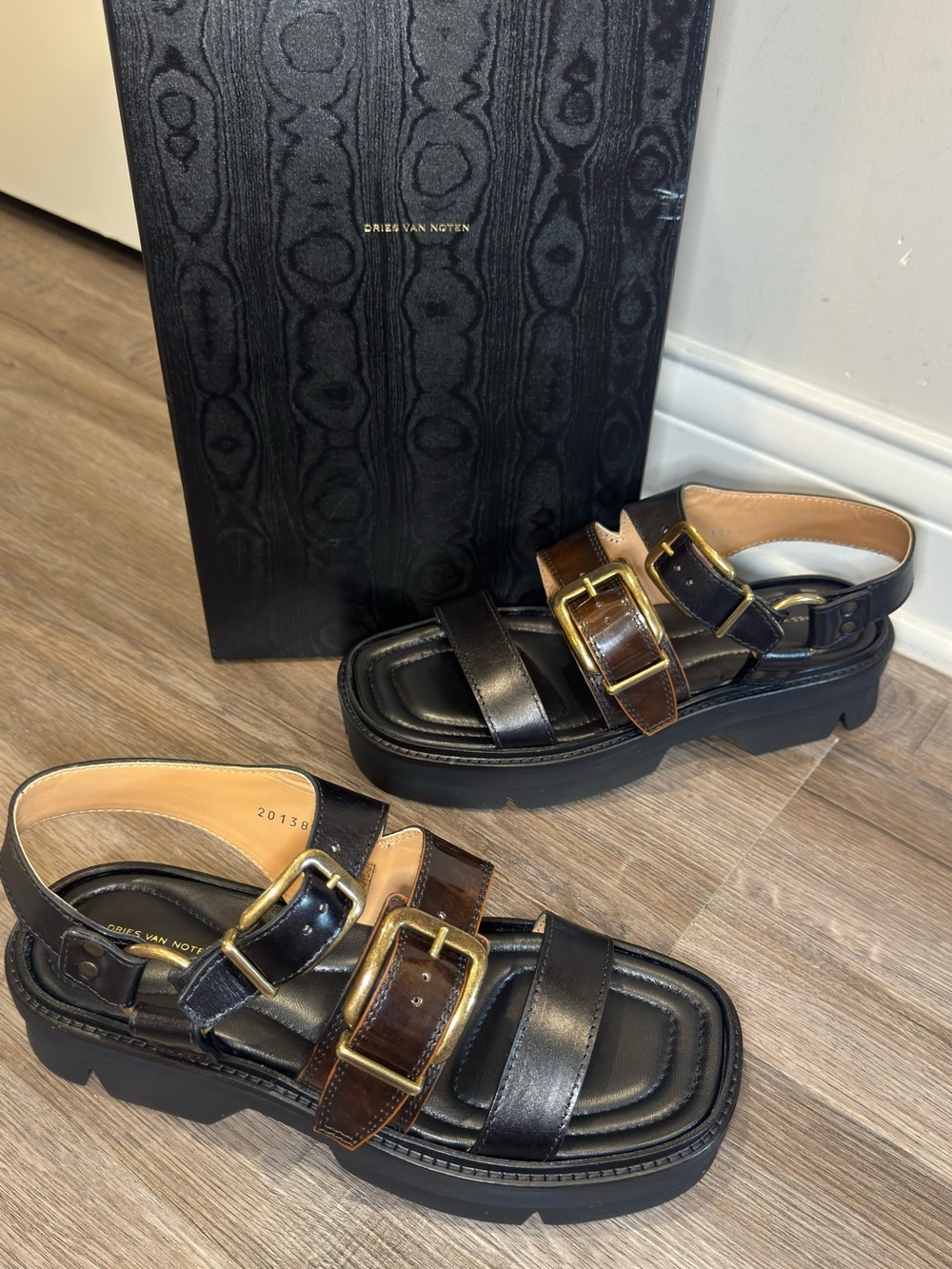 Dries Van Noten Buckle Black Brown Leather Dual Strap Platform Sandals - Picture 3 of 14